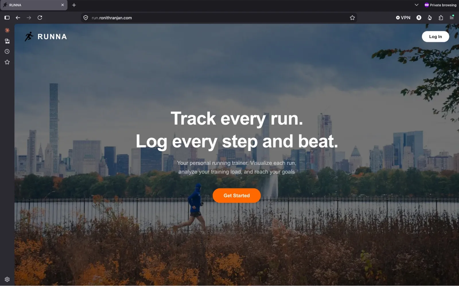 The run.ronithranjan.com landing page: a runner along the Central Park reservoir with the headline “Track every run. Log every step and beat.”